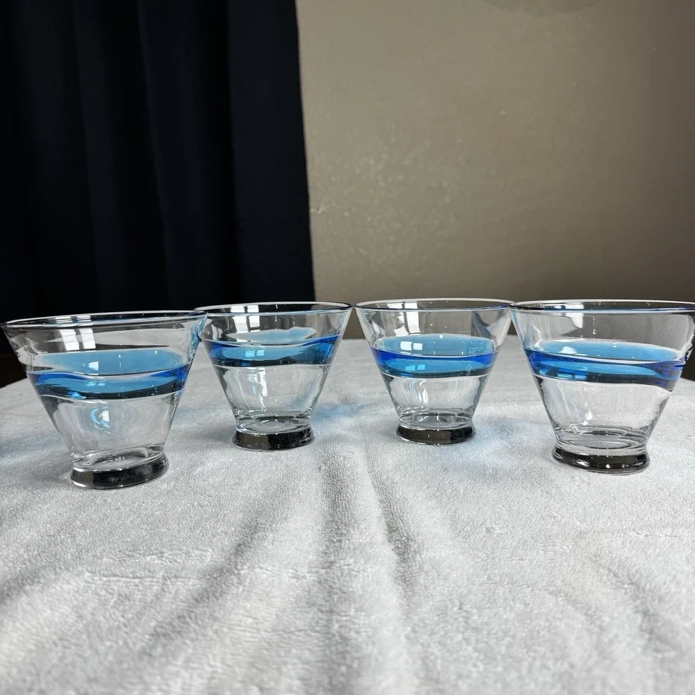 Vintage Murano Crystal Aqua Swirl Cosmo‎ Stemless Martini Glasses- Set of 4
